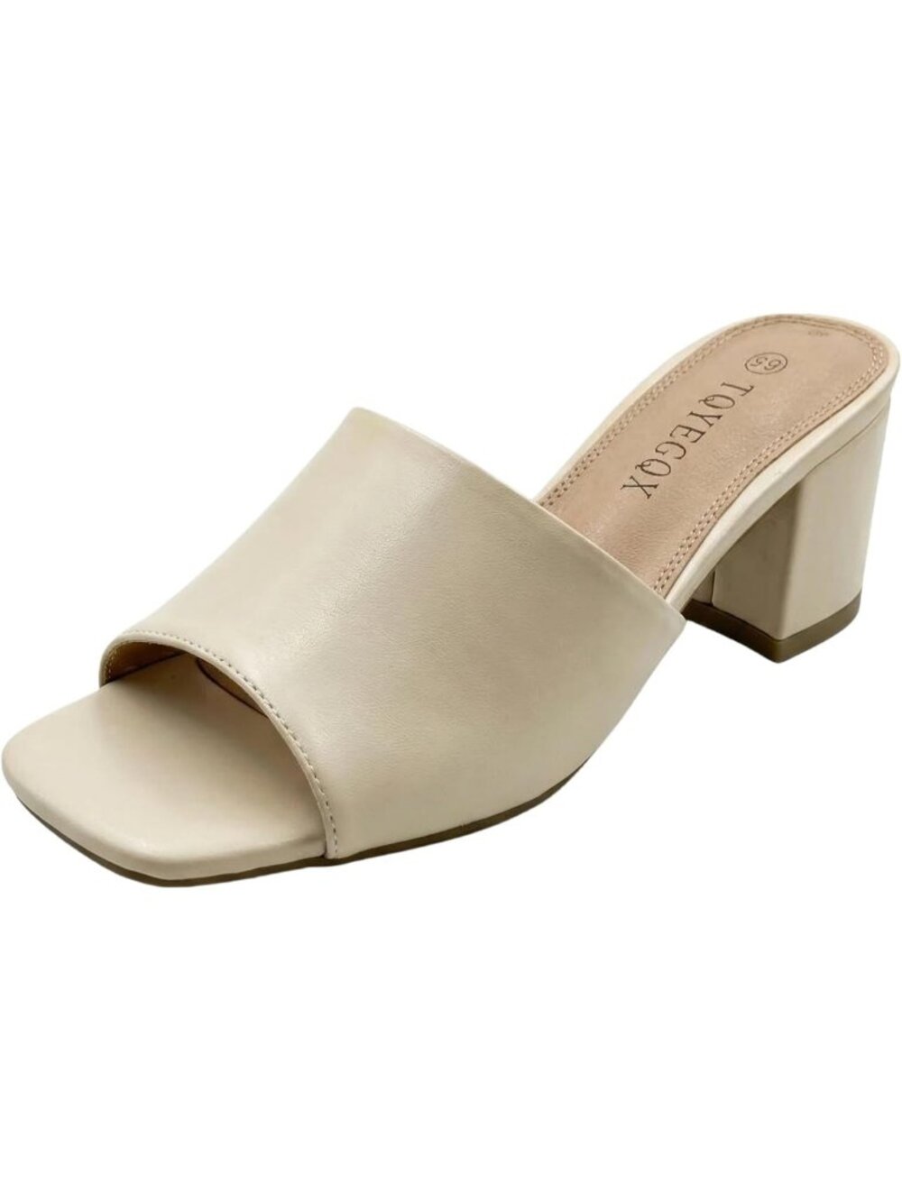 Women's Beige Pu Comfortable Square Open Toe Chunky Block Low Sandals Heels